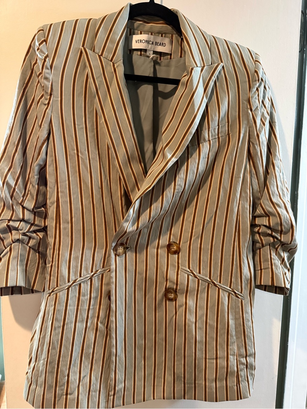 Veronica Beard Blue and Brown Striped Double-Breasted Blazer